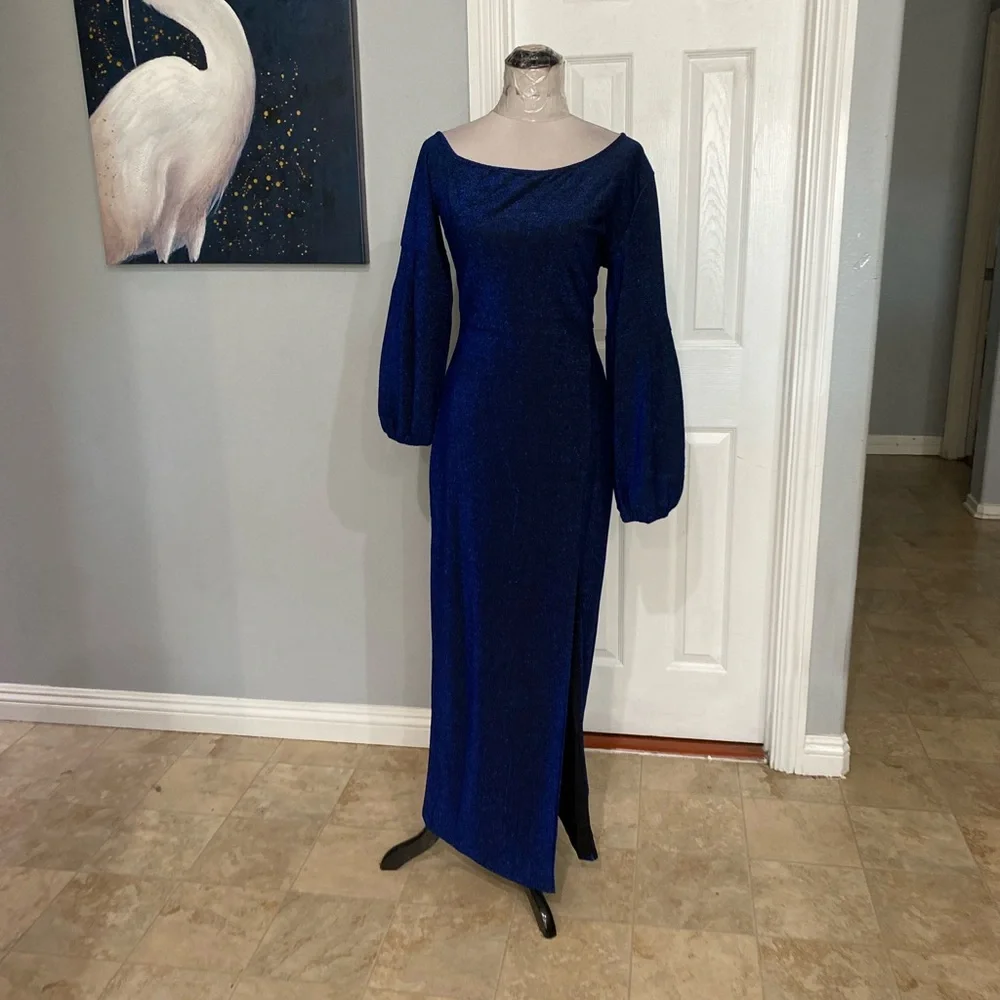 Women Large Dark blue, floor-length evening gown, balloon Sleeve - Picture 4 of 9